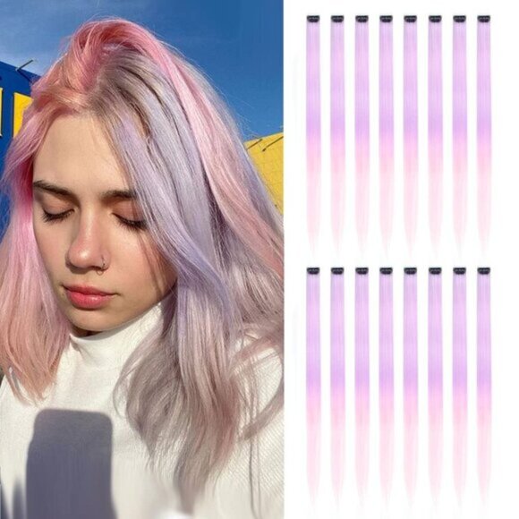 New Ombre Purple-Pink Clip-in Hair Extensions, Straight Colorful Hairpieces - Picture 1 of 8